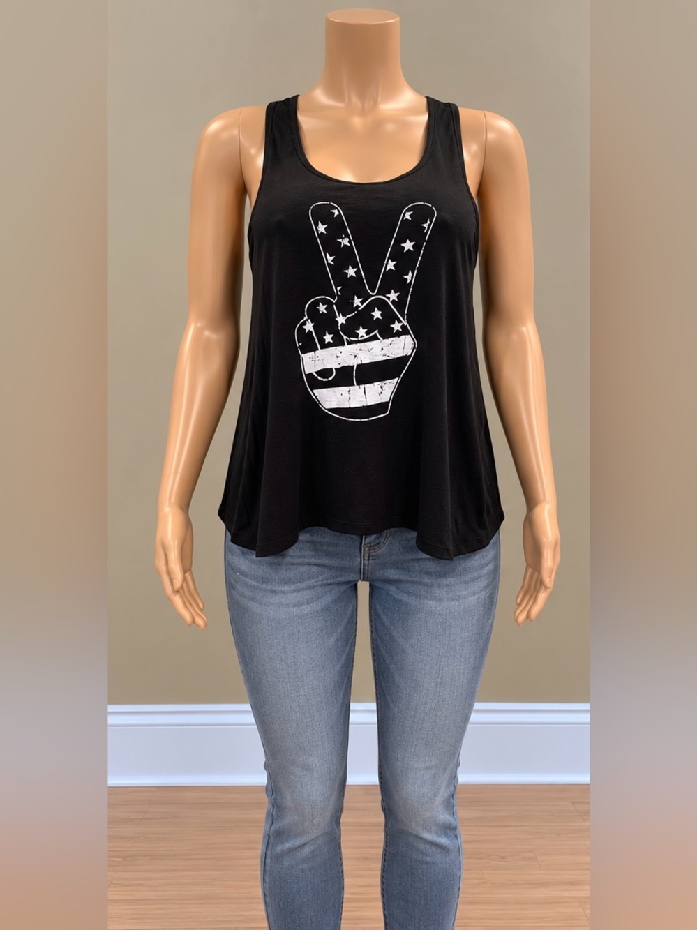 Self Esteem Black American Flag Peace Sign Split Back Tank Top Small